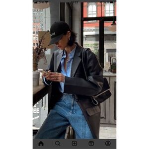 ZARA Vegan Leather Blazer Black Single Button Size S With‎ Flaws